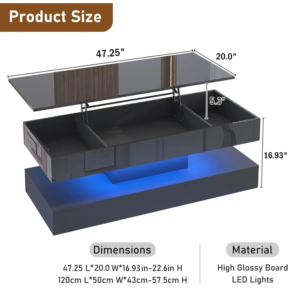 47.2" Large Lift Top Coffee Table,Modern High Glossy LED Coffee Tables for Living Room with Storage,Black Living Room Tables for 2