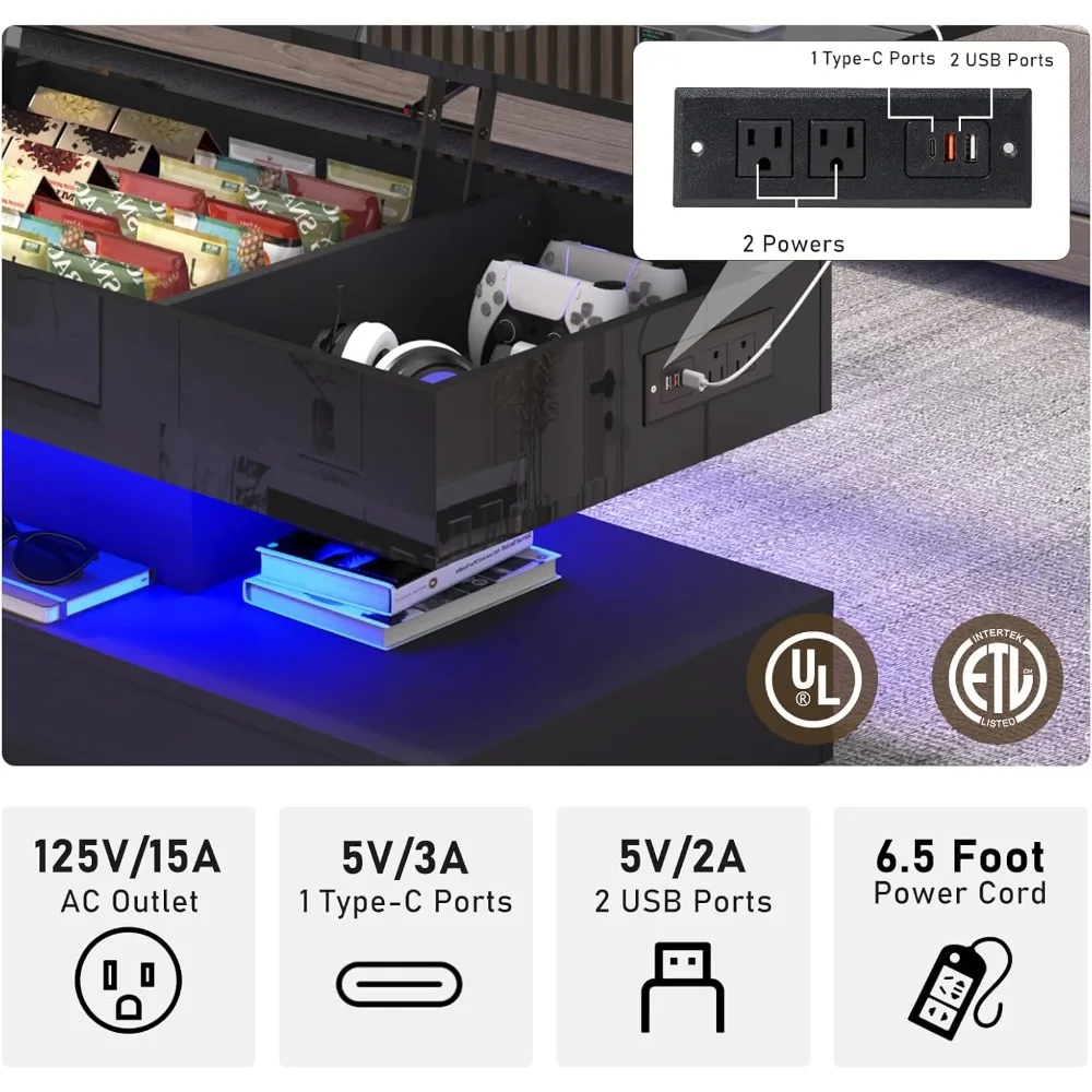 47.2" Large Lift Top Coffee Table,Modern High Glossy LED Coffee Tables for Living Room with Storage,Black Living Room Tables for 3