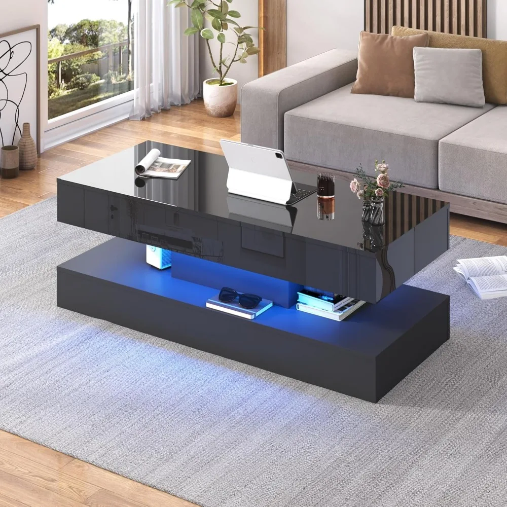 47.2" Large Lift Top Coffee Table,Modern High Glossy LED Coffee Tables for Living Room with Storage,Black Living Room Tables for 4