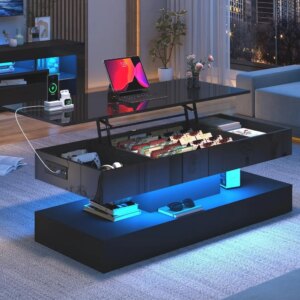 47.2" Large Lift Top Coffee Table,Modern High Glossy LED Coffee Tables for Living Room with Storage,Black Living Room Tables for 1