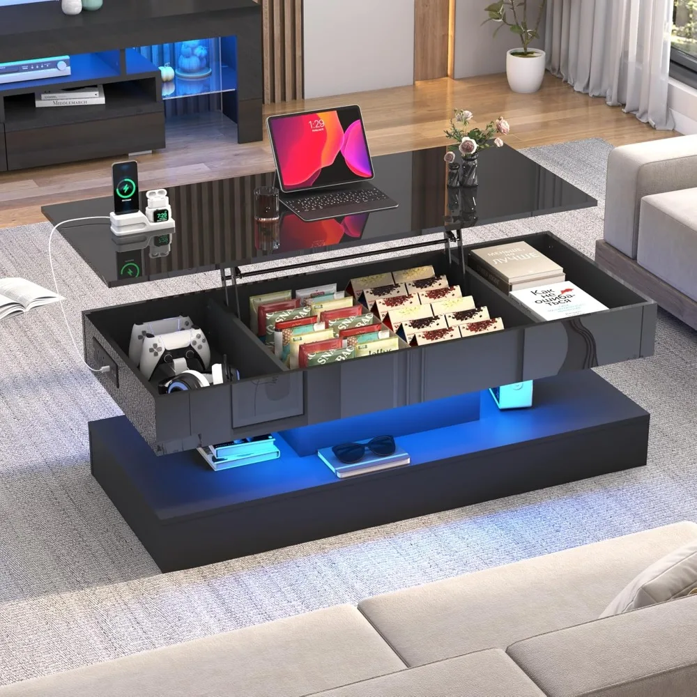 47.2" Large Lift Top Coffee Table,Modern High Glossy LED Coffee Tables for Living Room with Storage,Black Living Room Tables for 5