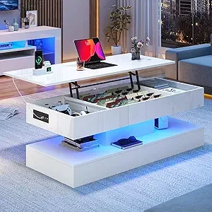 47.2" Large Lift Top Coffee Table,Modern High Glossy LED Coffee Tables for Living Room with Storage,Black Living Room Tables for 7