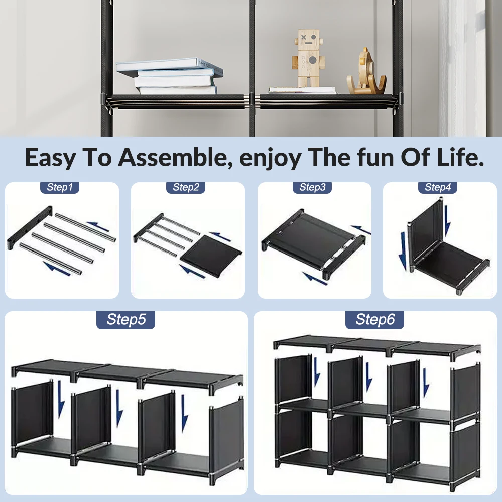 6-Tier Freestanding Bookshelf with Double Rows 10-Compartment Wardrobe Storage Organizer for Bedroom Living Room Office 3