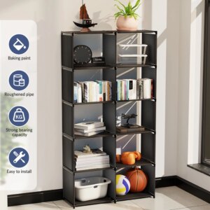 6-Tier Freestanding Bookshelf with Double Rows 10-Compartment Wardrobe Storage Organizer for Bedroom Living Room Office 1