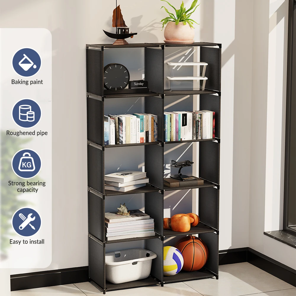 6-Tier Freestanding Bookshelf with Double Rows 10-Compartment Wardrobe Storage Organizer for Bedroom Living Room Office 1