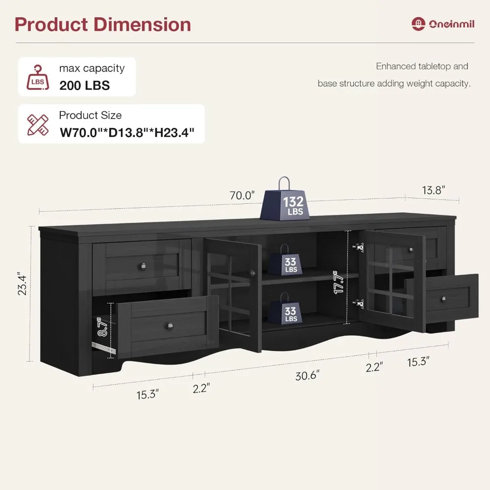 70" Modern TV Stands for for Living Room, Entertainment Center with 4 Large Drawers, Wood TV Console with Glass Door Storage Ca 2