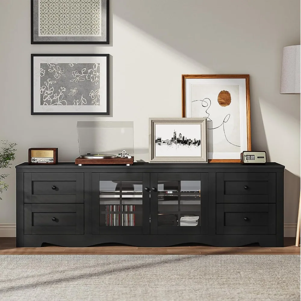 70" Modern TV Stands for for Living Room, Entertainment Center with 4 Large Drawers, Wood TV Console with Glass Door Storage Ca 3