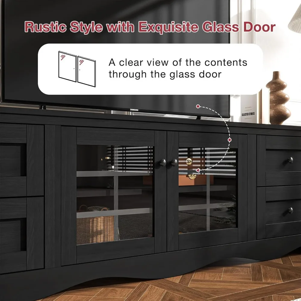 70" Modern TV Stands for for Living Room, Entertainment Center with 4 Large Drawers, Wood TV Console with Glass Door Storage Ca 4