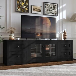 70" Modern TV Stands for for Living Room, Entertainment Center with 4 Large Drawers, Wood TV Console with Glass Door Storage Ca 1