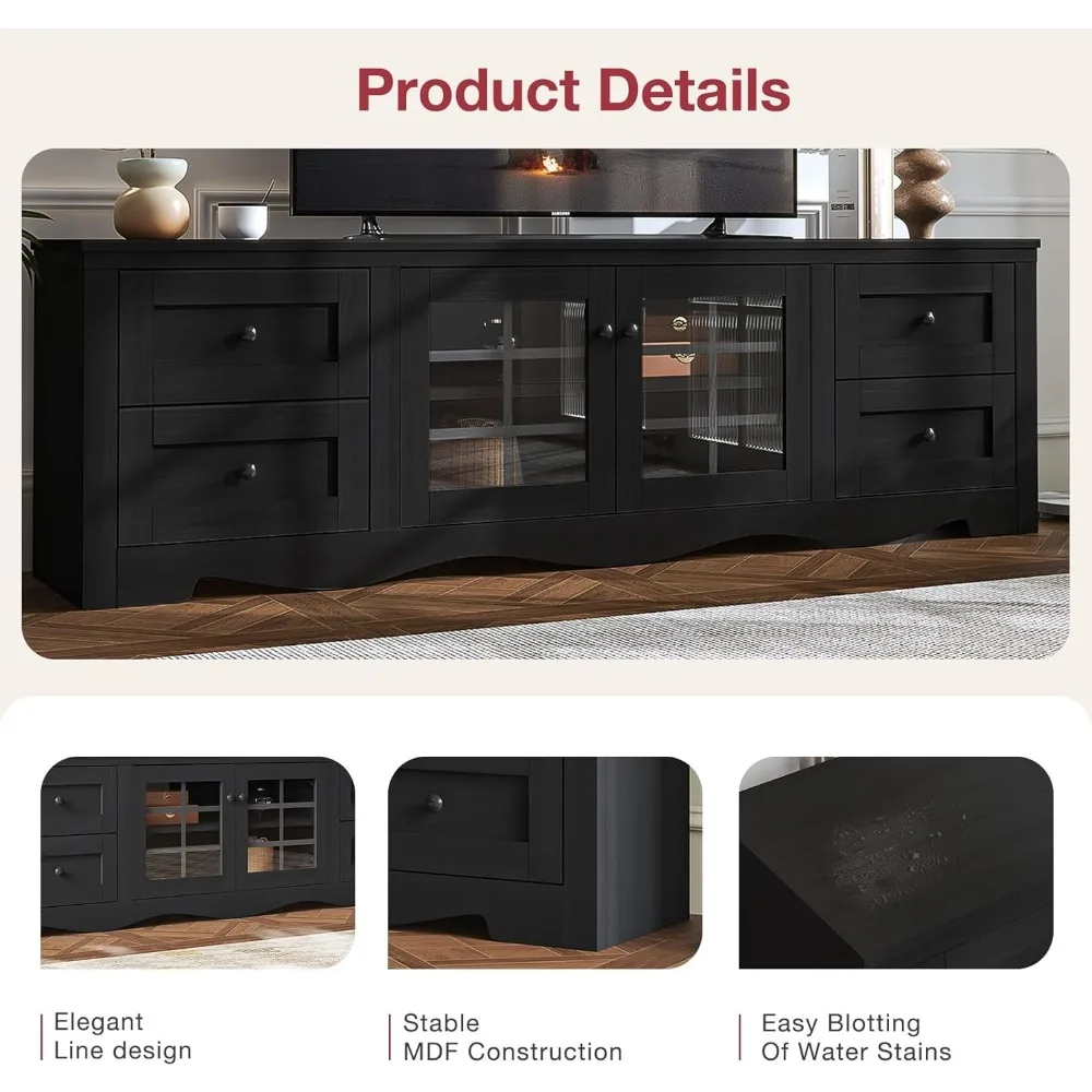 70" Modern TV Stands for for Living Room, Entertainment Center with 4 Large Drawers, Wood TV Console with Glass Door Storage Ca 5