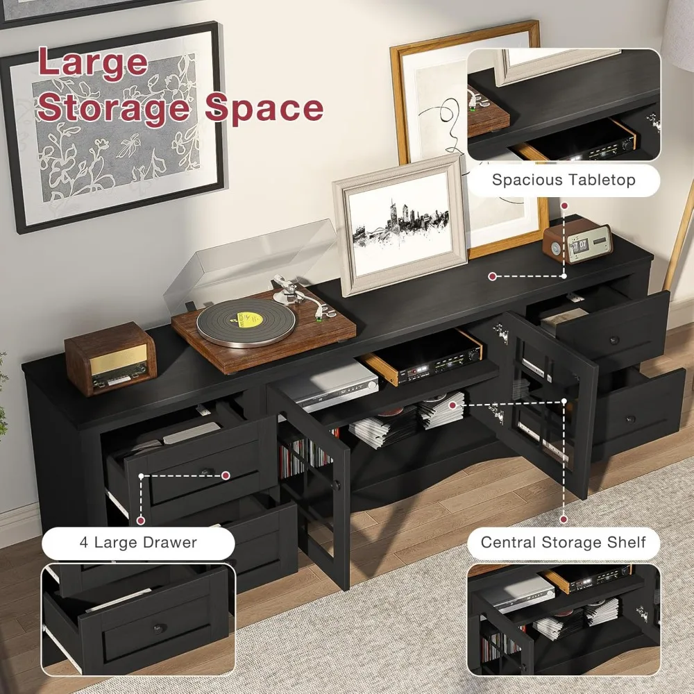 70" Modern TV Stands for for Living Room, Entertainment Center with 4 Large Drawers, Wood TV Console with Glass Door Storage Ca 6