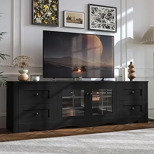 70" Modern TV Stands for for Living Room, Entertainment Center with 4 Large Drawers, Wood TV Console with Glass Door Storage Ca 7