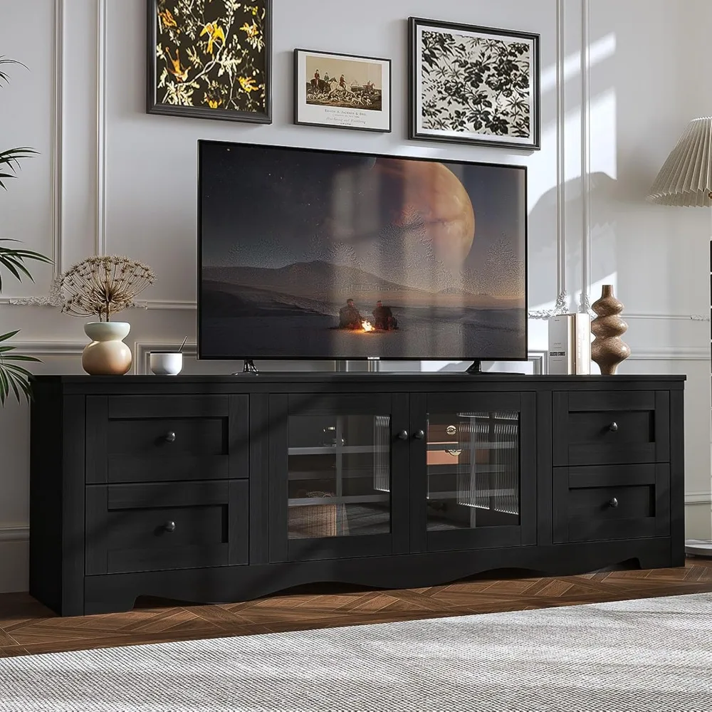 70" Modern TV Stands for for Living Room, Entertainment Center with 4 Large Drawers, Wood TV Console with Glass Door Storage Ca 1