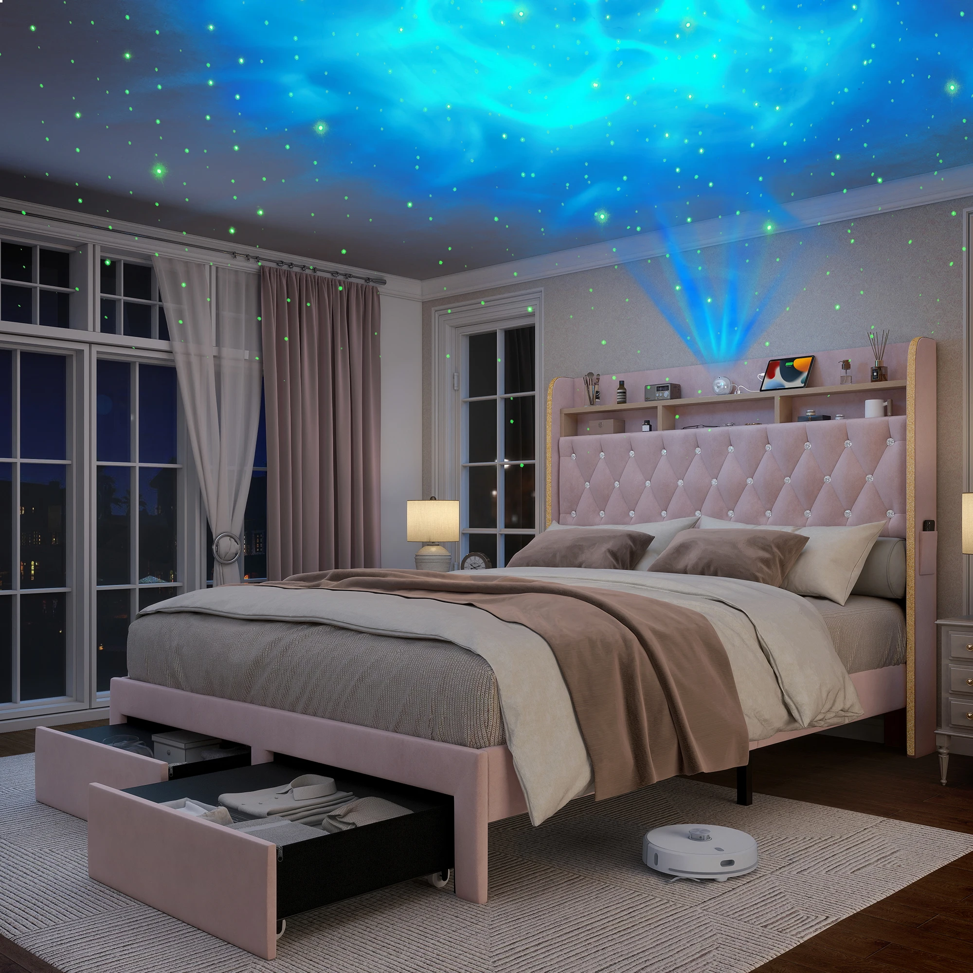 LED Bed Frame with Storage Drawers, Star Projector, Charging Station & Speaker 7