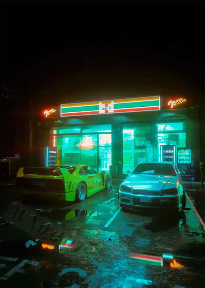 Neon Night City Landscape 80s Retro Cyberpunk Car Posters 14