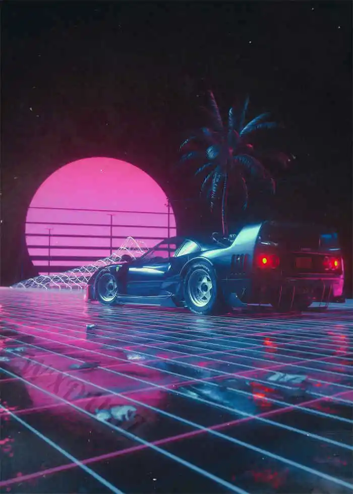 Neon Night City Landscape 80s Retro Cyberpunk Car Posters 17