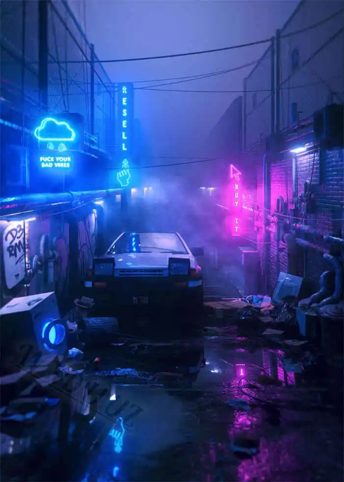 Neon Night City Landscape 80s Retro Cyberpunk Car Posters 26