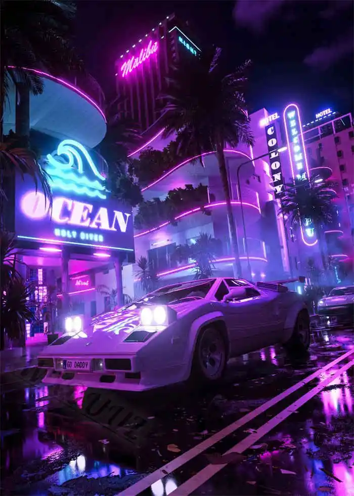 Neon Night City Landscape 80s Retro Cyberpunk Car Posters 29