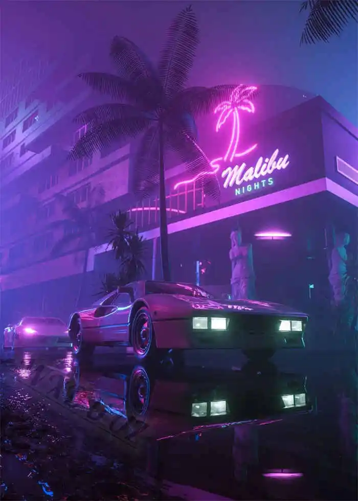 Neon Night City Landscape 80s Retro Cyberpunk Car Posters 9