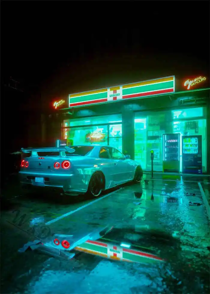Neon Night City Landscape 80s Retro Cyberpunk Car Posters 8