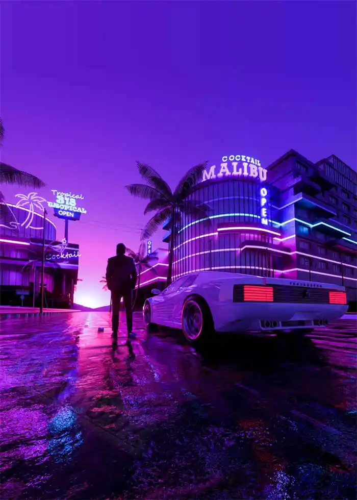 Neon Night City Landscape 80s Retro Cyberpunk Car Posters 10