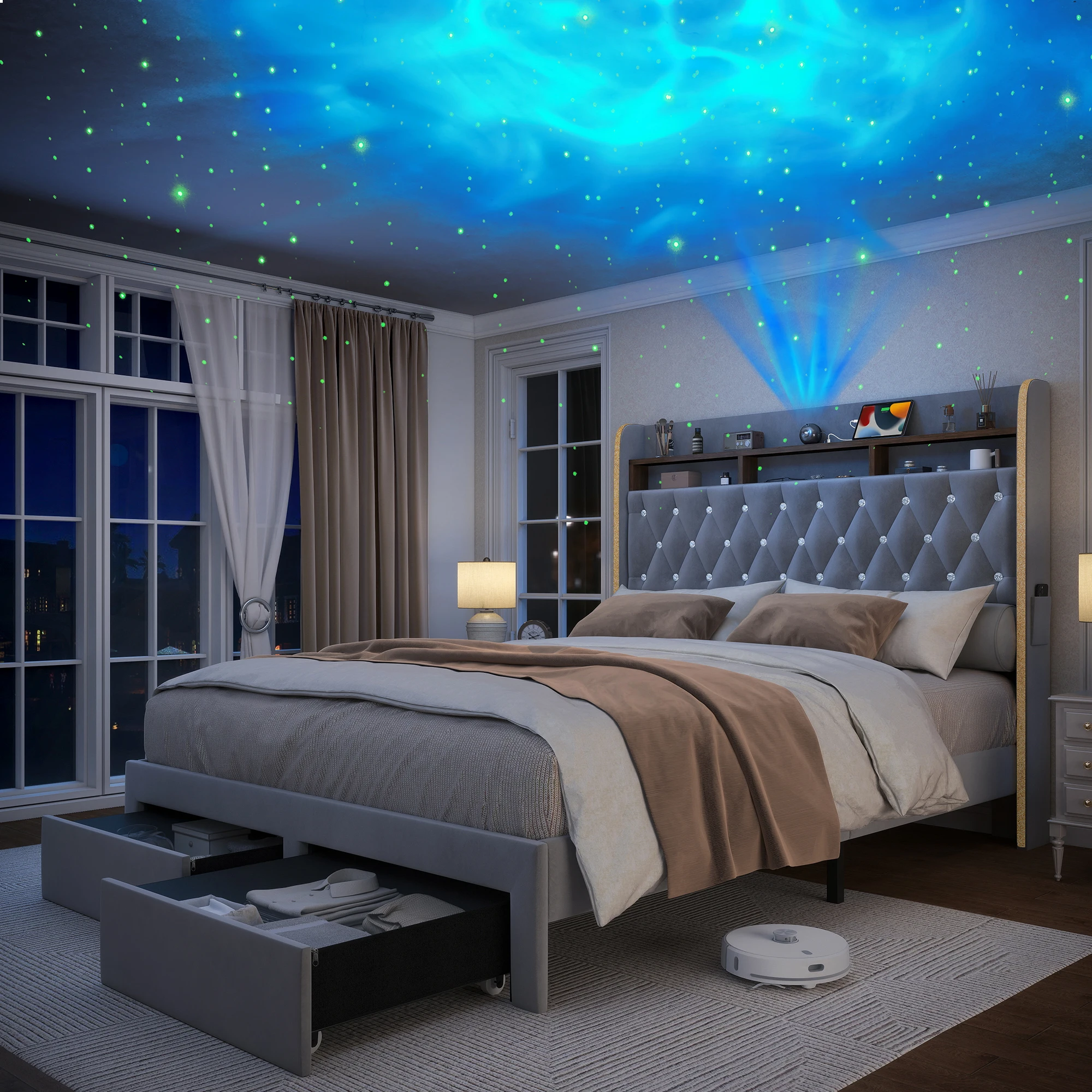 LED Bed Frame with Storage Drawers, Star Projector, Charging Station & Speaker 8