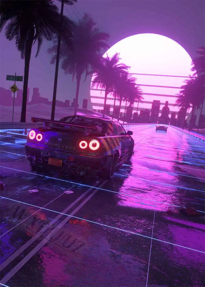 Neon Night City Landscape 80s Retro Cyberpunk Car Posters 18