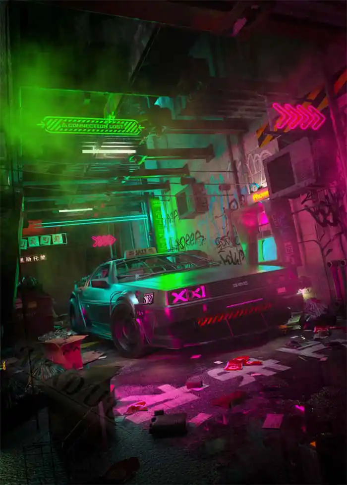 Neon Night City Landscape 80s Retro Cyberpunk Car Posters 7