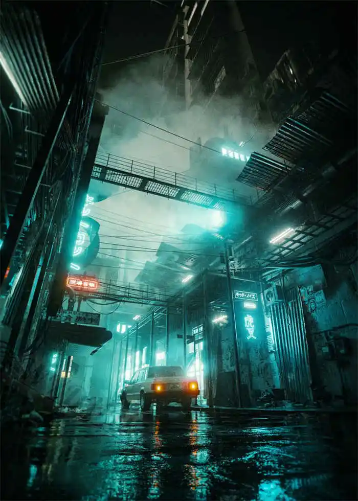 Neon Night City Landscape 80s Retro Cyberpunk Car Posters 11