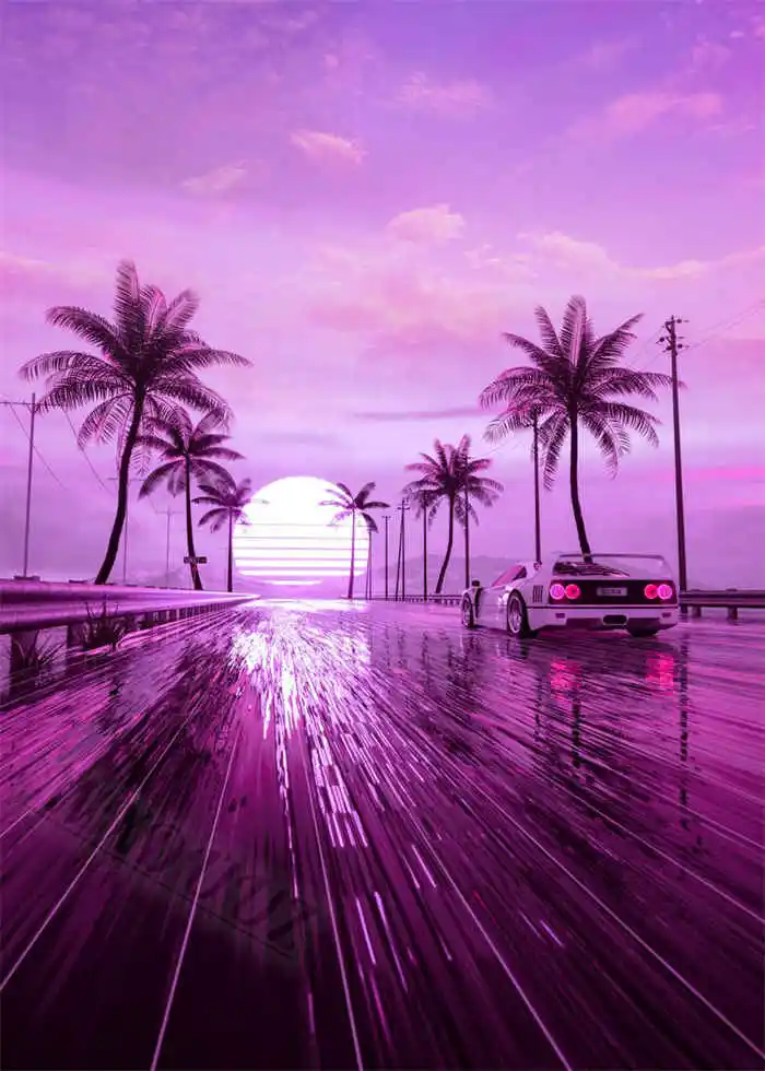 Neon Night City Landscape 80s Retro Cyberpunk Car Posters 31