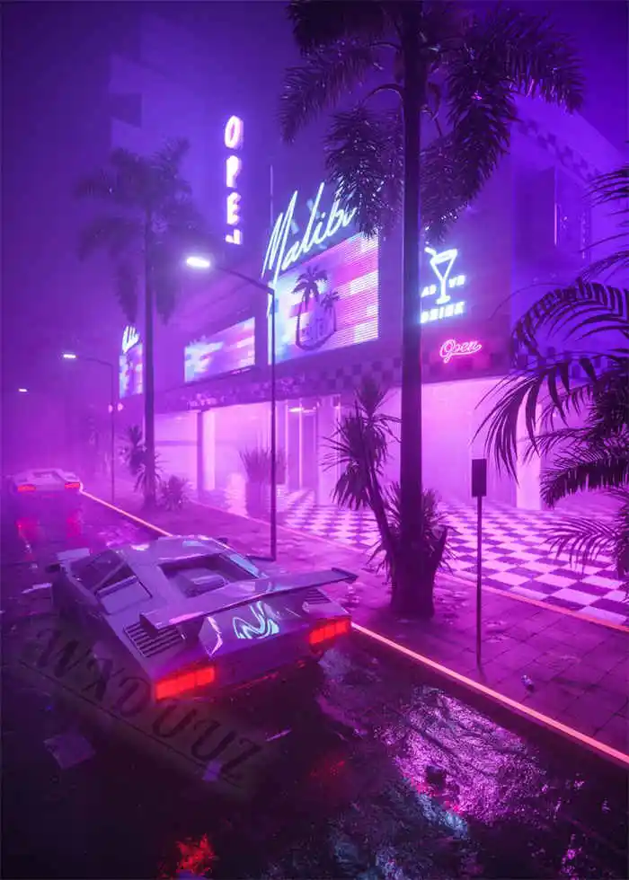 Neon Night City Landscape 80s Retro Cyberpunk Car Posters 19