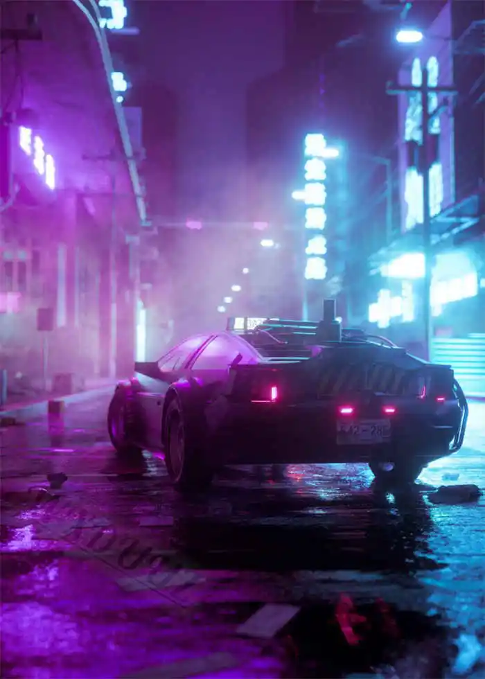 Neon Night City Landscape 80s Retro Cyberpunk Car Posters 25