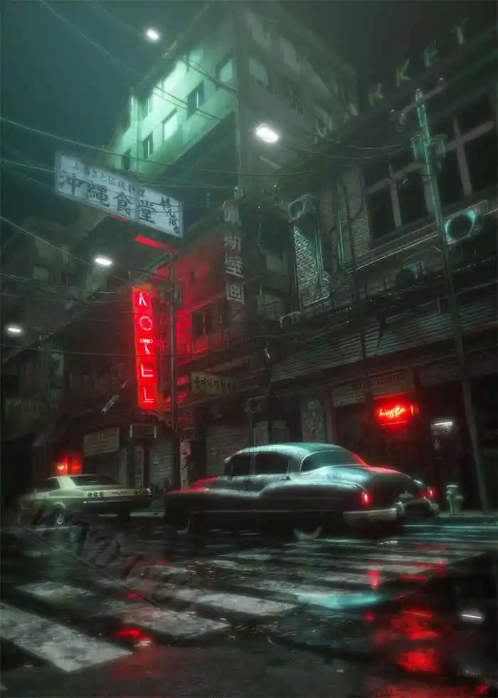 Neon Night City Landscape 80s Retro Cyberpunk Car Posters 28
