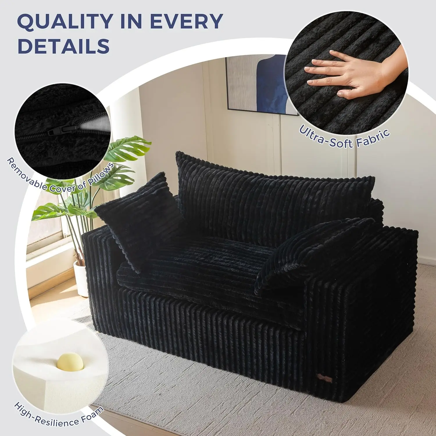 Bean Bag Chair for Living Room, Upholstered Loveseat Sofa Couch with Deep Seating, Wide Armrests Boneless Couch Sofa 5