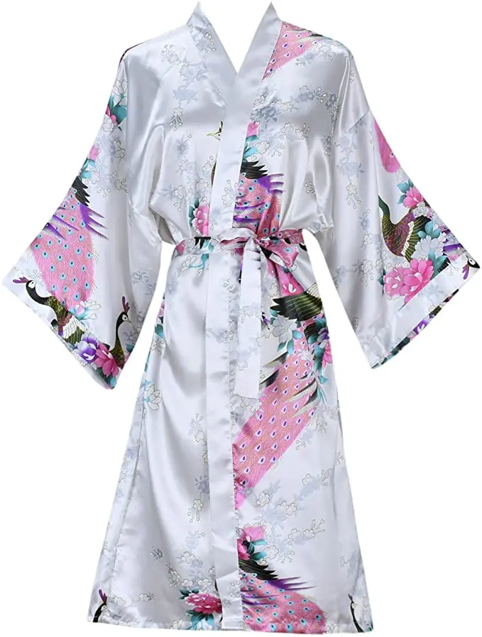 Silk Satin Wedding Bride Bridesmaid Robe Floral Bathrobe Short Kimono Robe Night Robe Bath Robe 9