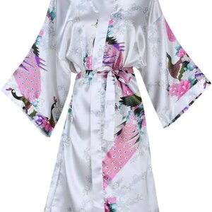 Silk Satin Wedding Bride Bridesmaid Robe Floral Bathrobe Short Kimono Robe Night Robe Bath Robe 1