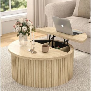 Lift Top Coffee Table with Storage, Round Coffee Tables for Living Room, 34.6'' Farmhouse Fluted Coffee Table, Wood Center Table 1