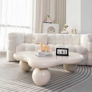 Modern Coffee Table Cloud Shape Low Coffee Table Cartoon Irregular Indoor Tea Table with 3 Ball Leg for Living Room (White, 39.4 1