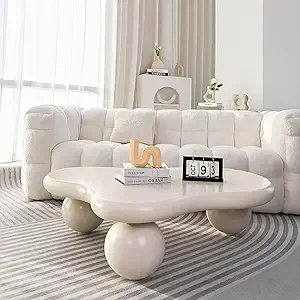 Modern Coffee Table Cloud Shape Low Coffee Table Cartoon Irregular Indoor Tea Table with 3 Ball Leg for Living Room (White, 39.4 9