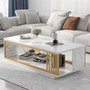 Modern White Marble Veneer Coffee Table, 2 Tier Rectangular Coffee Table with Gold Frame Sofa End Table for Living Room Bedroom 1