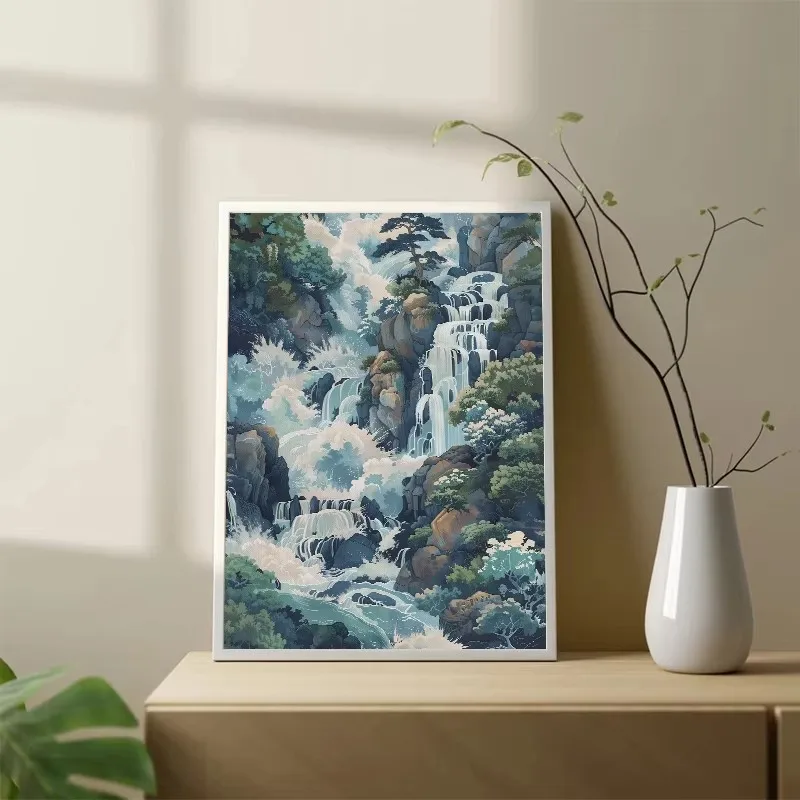 Hokusai Ukiyo-e Blue Green Japanese Waterfall Asian Landscape 10
