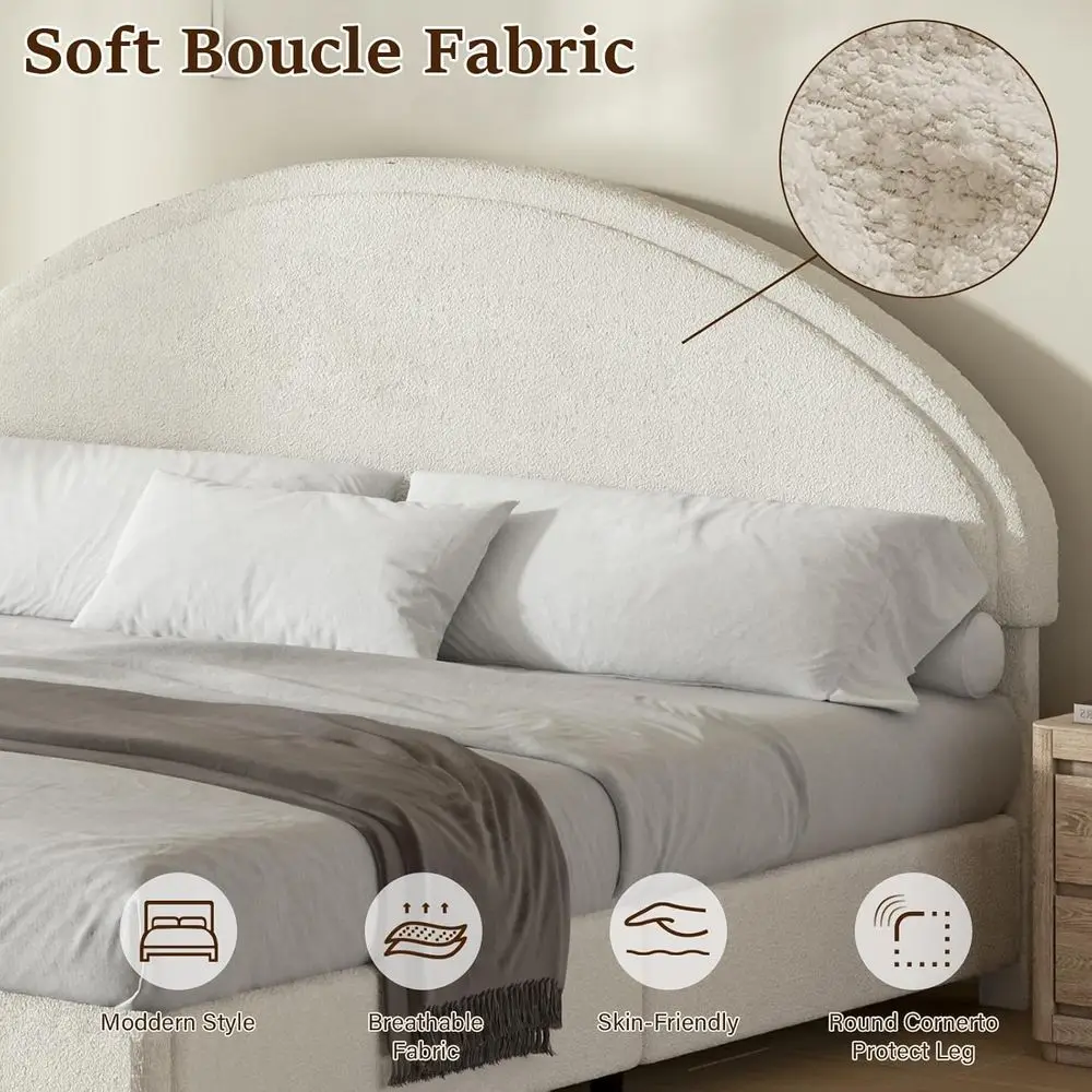 White King-Size Boucle Upholstered Platform Bed with Round Slats, No Box Spring Needed, Easy Assembly 3