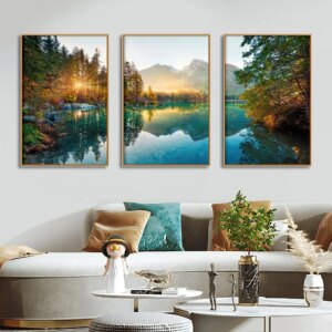 3PCS Nature Sunshine Forest Lake Poster Print Wall Art Landscape Pictures 1
