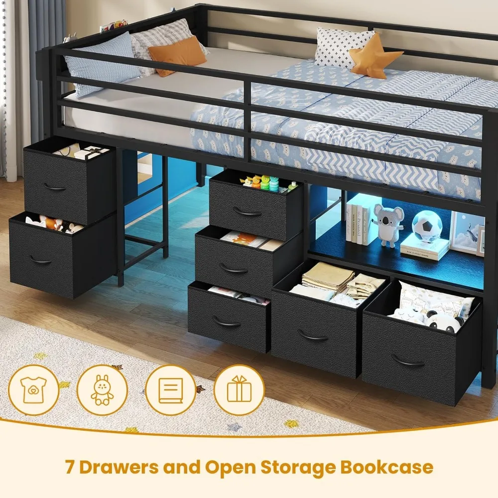 Twin Size Metal Kids Loft Bed with 7 Storage Drawers, Bookcase, LED Lights, and 14 Inch Safety Rail 4