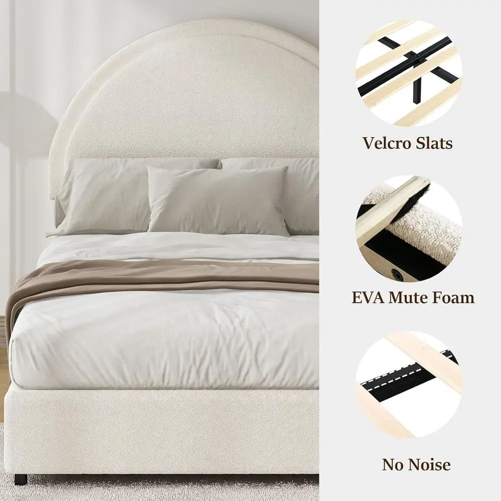 White King-Size Boucle Upholstered Platform Bed with Round Slats, No Box Spring Needed, Easy Assembly 5