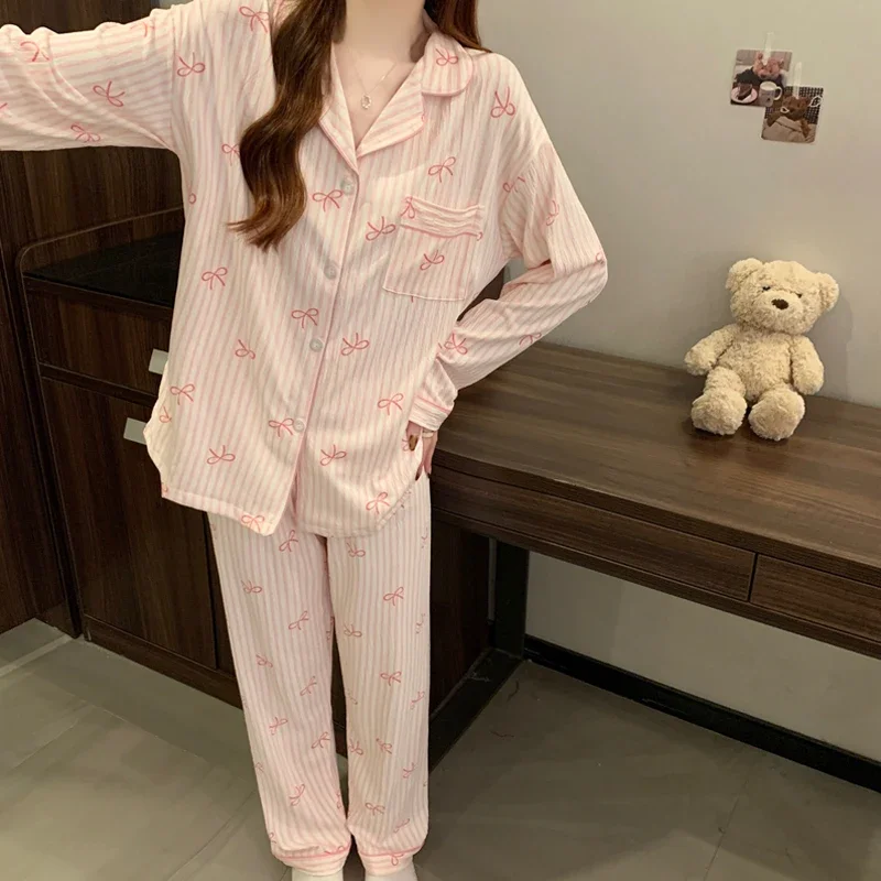 Pink Bow Dtie Design Pajamas for Women Long Sleeve Top & Elastic Waist Pants Pajamas Set Wear 3