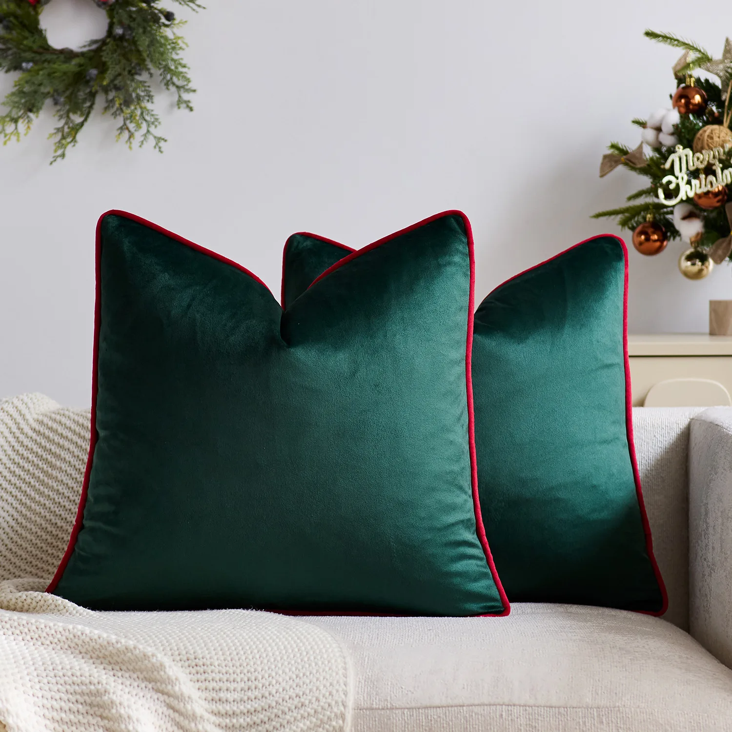 2pcs Luxury Green Red Christmas Pillow Covers 30x50cm 45x45cm Soft Solid Velvet 2