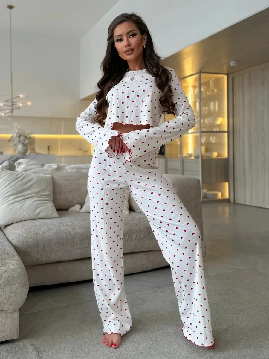 Autumn Winter Pajama Set Women 2pcs Y2K-Style Cherry Print Cuffed-Long-Sleeve Tops 5
