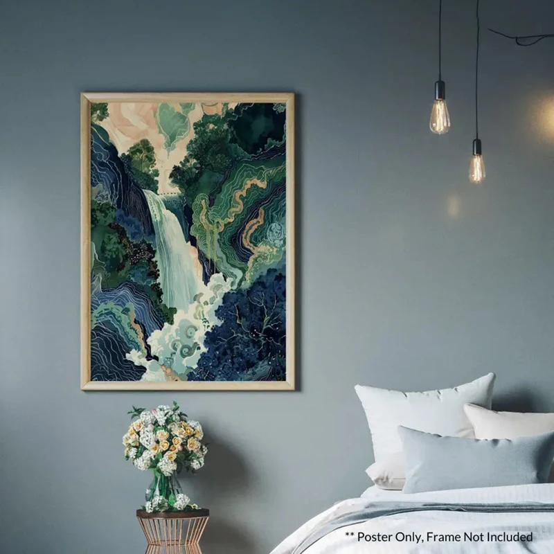 Hokusai Ukiyo-e Blue Green Japanese Waterfall Asian Landscape 2