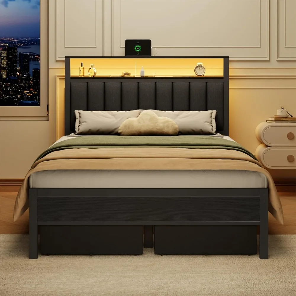 Size Bed Frame with Charging Station and LED Lights, Grey Upholstered Headboard 5